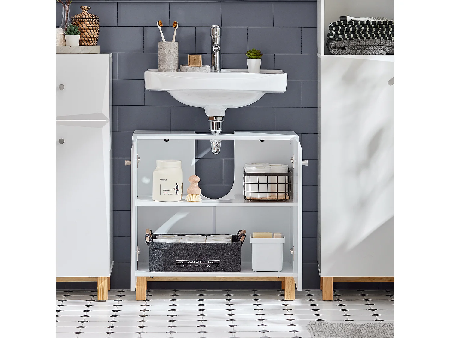 Meuble Sous Lavabo, Meuble Sous Évier, Meuble Sous Vasque Avec 2 Portes, Blanc, BZr92-w