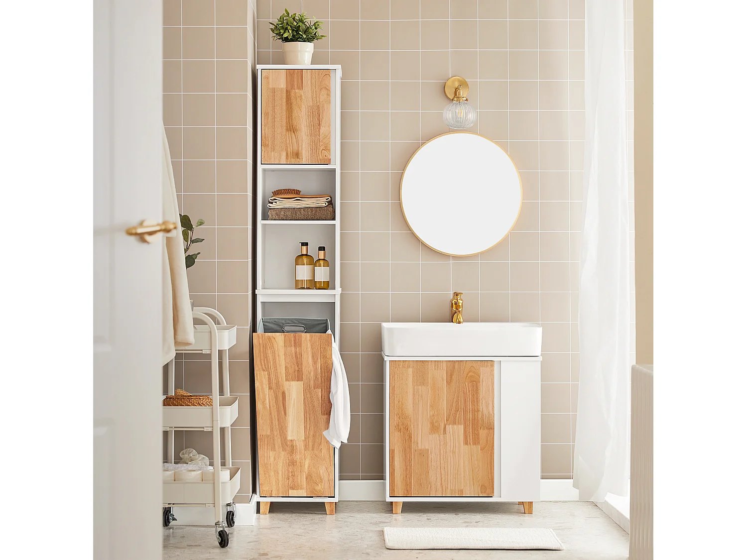 Meuble Sous Lavabo Placard De Rangement Avec Porte Et 2 Compartiments Latéral, BZr75-w