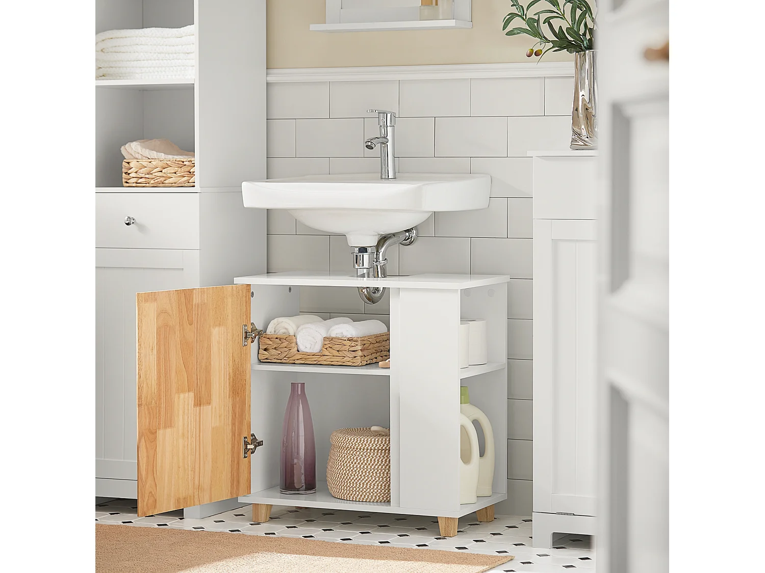 Meuble Sous Lavabo Placard De Rangement Avec Porte Et 2 Compartiments Latéral, BZr75-w