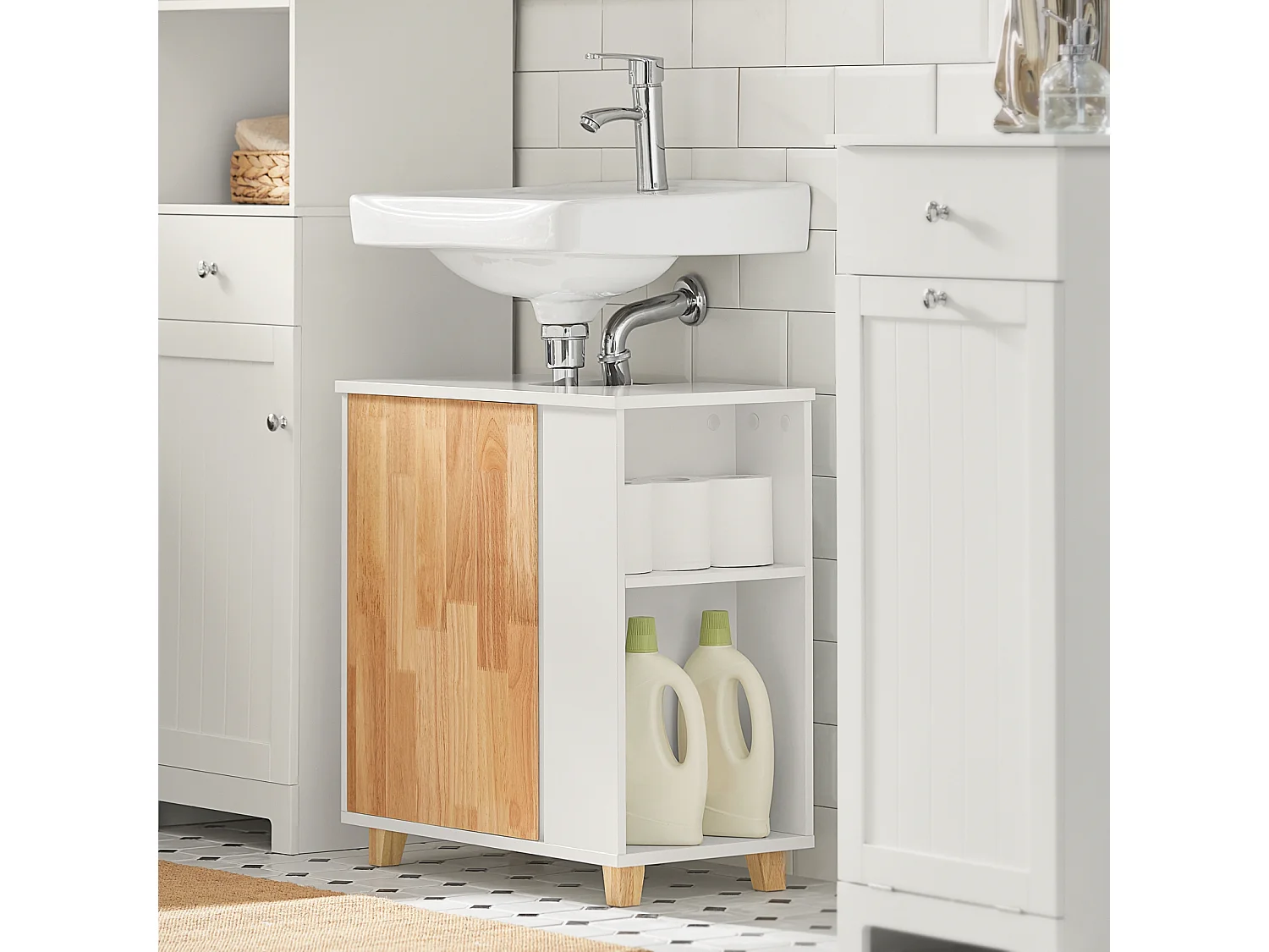 Meuble Sous Lavabo Placard De Rangement Avec Porte Et 2 Compartiments Latéral, BZr75-w