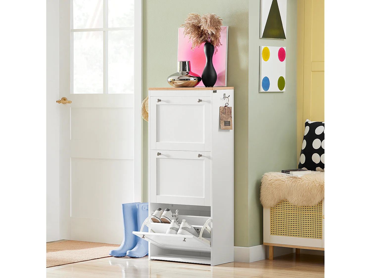 SoBuy FSR144-WN Schoenenkast met 3 Kleppen Schoenenrek Gangkast, Opbergkast voor Schoenen, Schoenenkist Schoenenrek