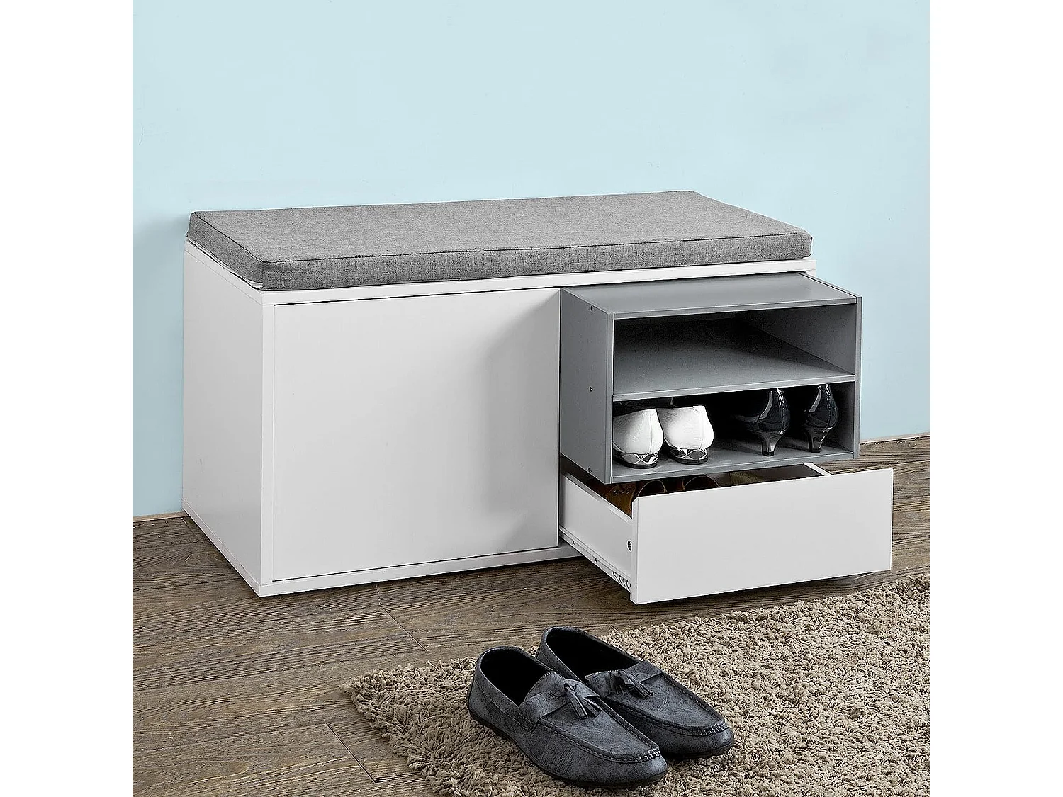 Zapatero con Cajones, Almacenamiento y Banco con Cojín, Blanco/Gris,FSR37-W SoBuy ES