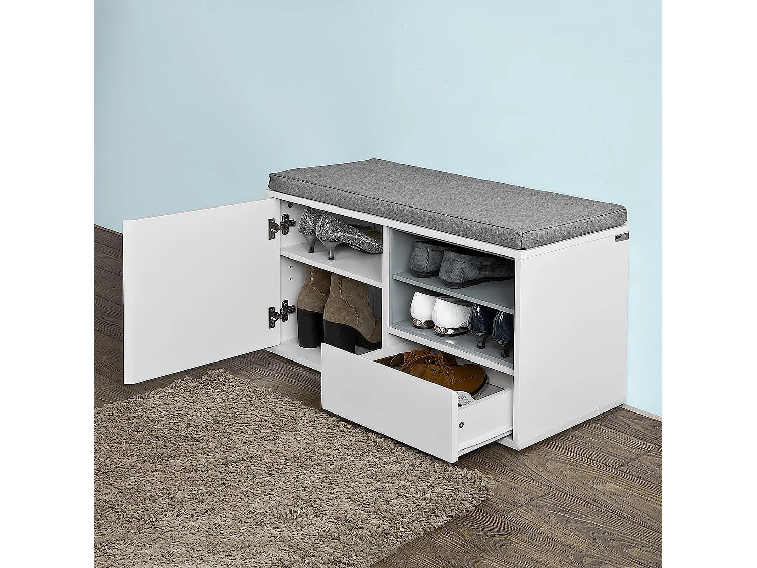 Zapatero con Cajones, Almacenamiento y Banco con Cojín, Blanco/Gris,FSR37-W SoBuy ES