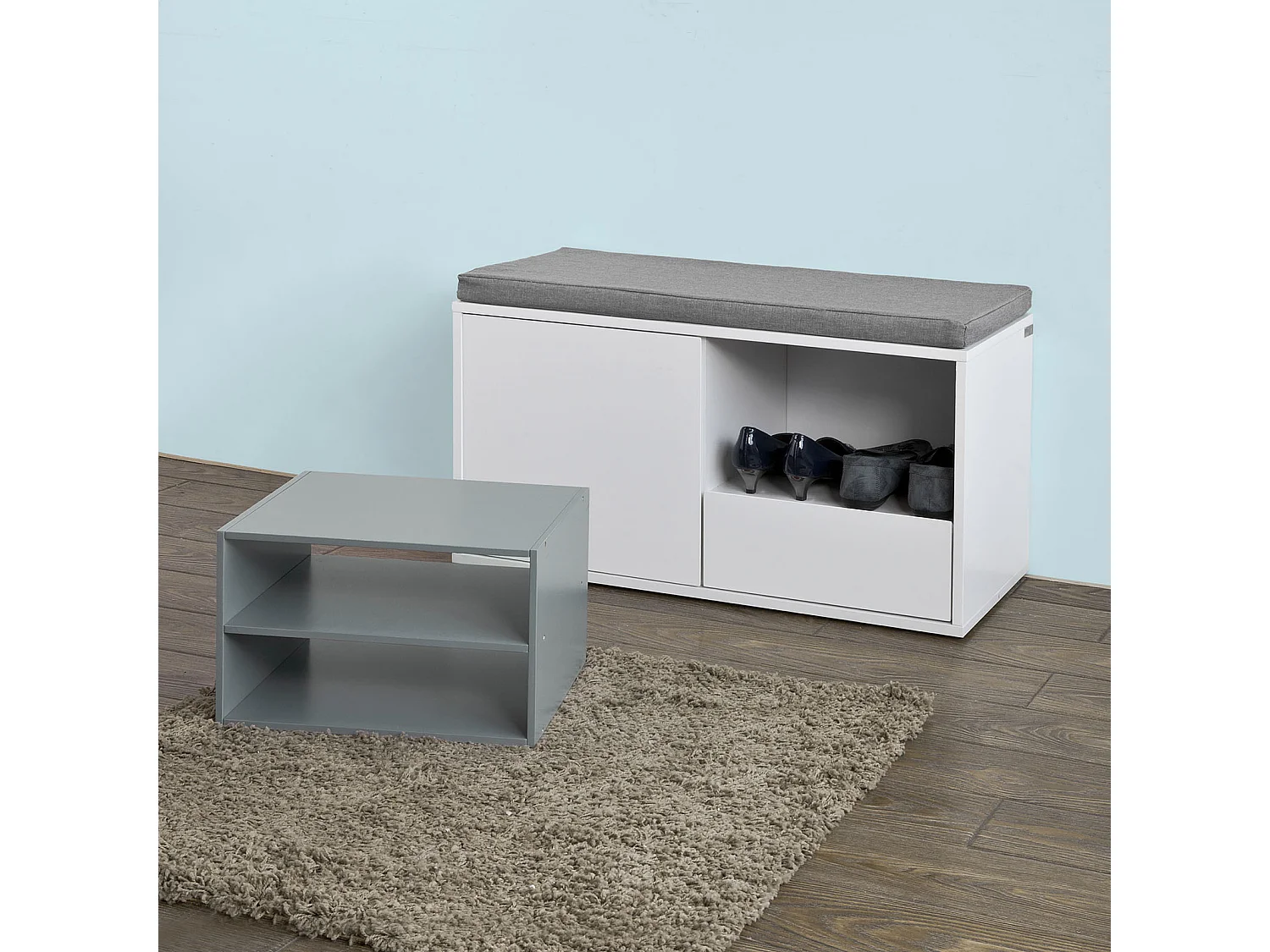 Zapatero con Cajones, Almacenamiento y Banco con Cojín, Blanco/Gris,FSR37-W SoBuy ES