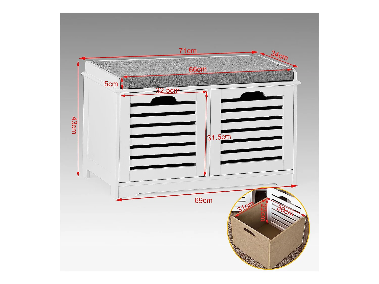 Sitzbank FSR23-K-W 71 x 43 x 34 cm Weiß