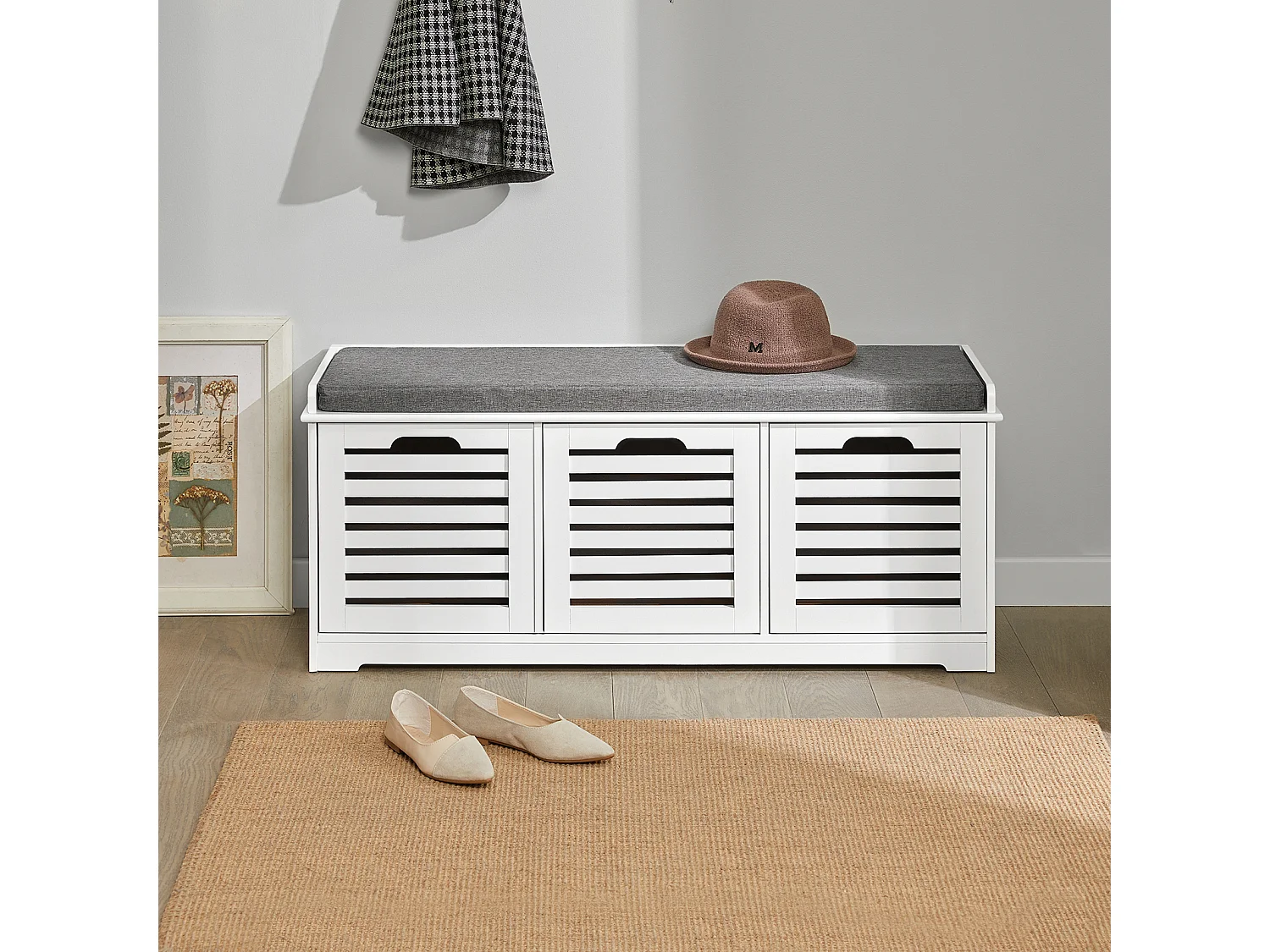 SoBuy  Scarpiera da ingresso Panchina con Cuscino e Cestini 3 Cestini Bianco FSR23-W