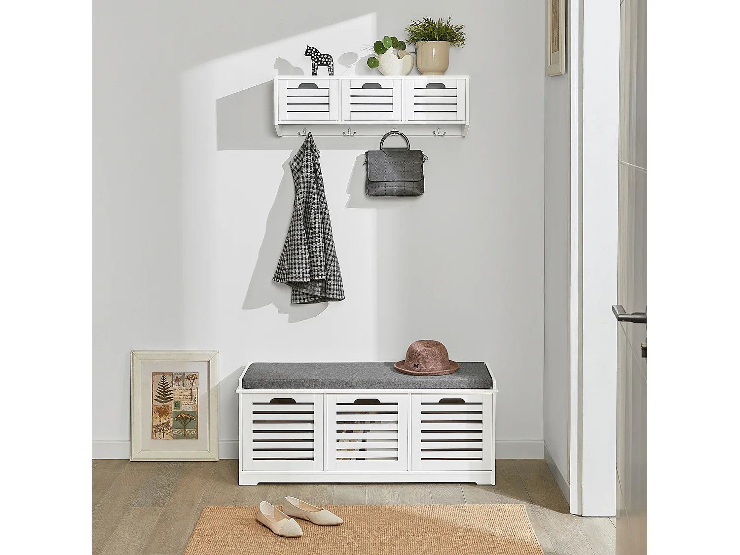 SoBuy  Scarpiera da ingresso Panchina con Cuscino e Cestini 3 Cestini Bianco FSR23-W