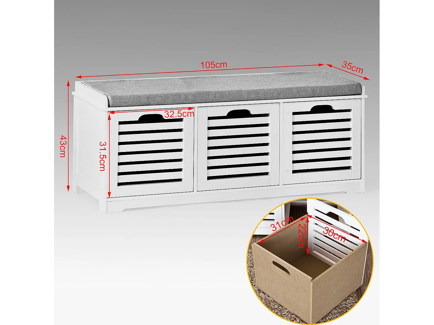 SoBuy  Scarpiera da ingresso Panchina con Cuscino e Cestini 3 Cestini Bianco FSR23-W