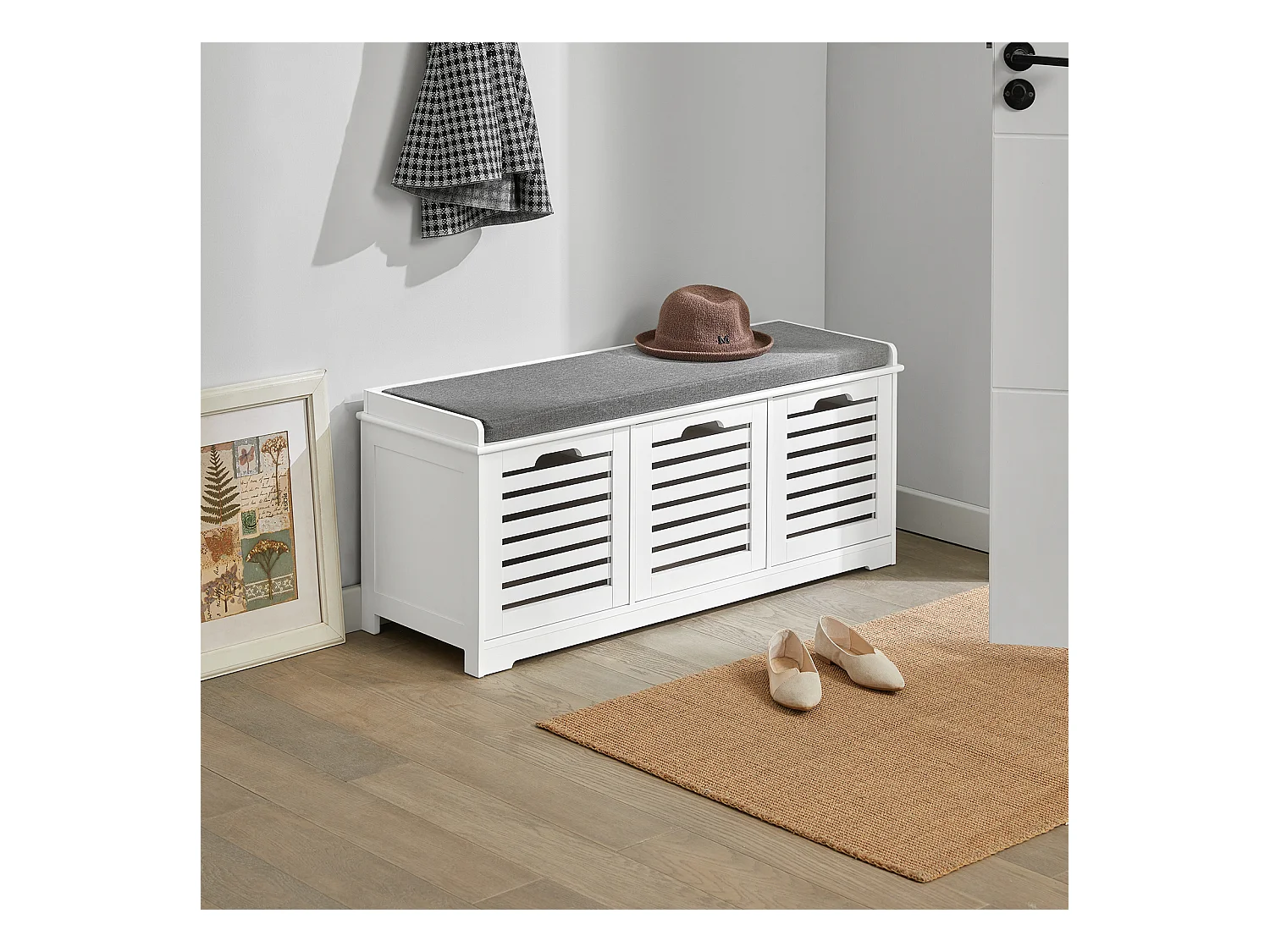 Banco de Almacenamiento con Acolchados Cojines y 3 Cubos, Entrada Zapato Gabinete Dresser Cómodo Banco FSR23-W SoBuy ES