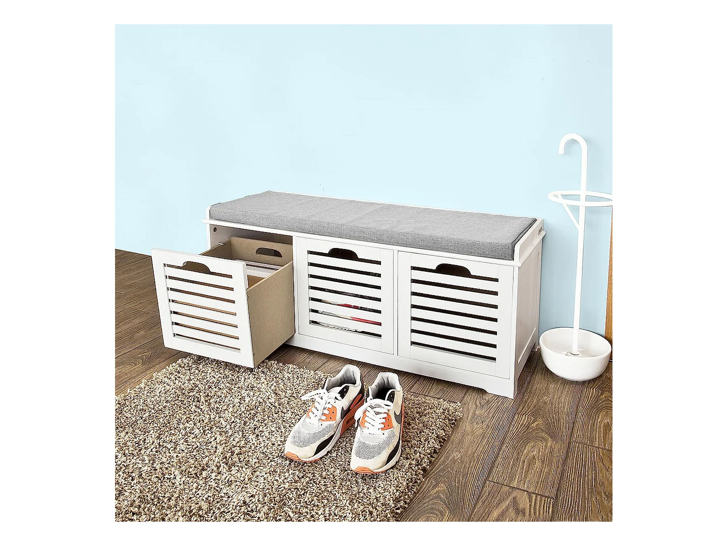 Banco de Almacenamiento con Acolchados Cojines y 3 Cubos, Entrada Zapato Gabinete Dresser Cómodo Banco FSR23-W SoBuy ES