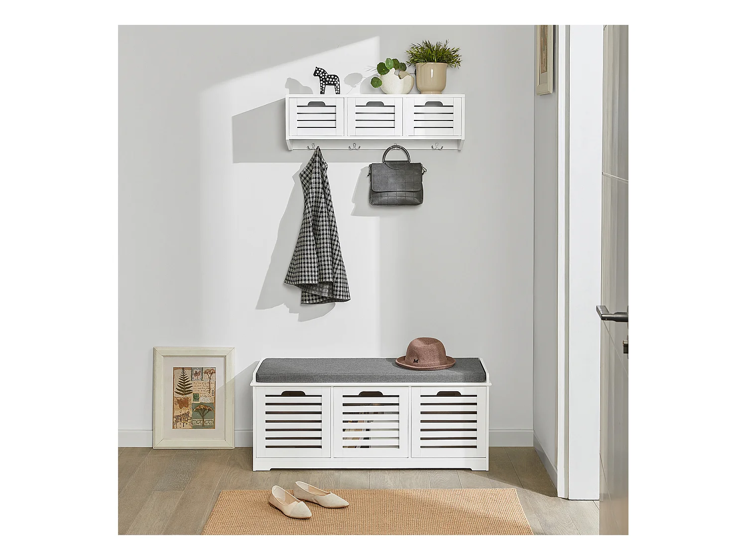 Banco de Almacenamiento con Acolchados Cojines y 3 Cubos, Entrada Zapato Gabinete Dresser Cómodo Banco FSR23-W SoBuy ES