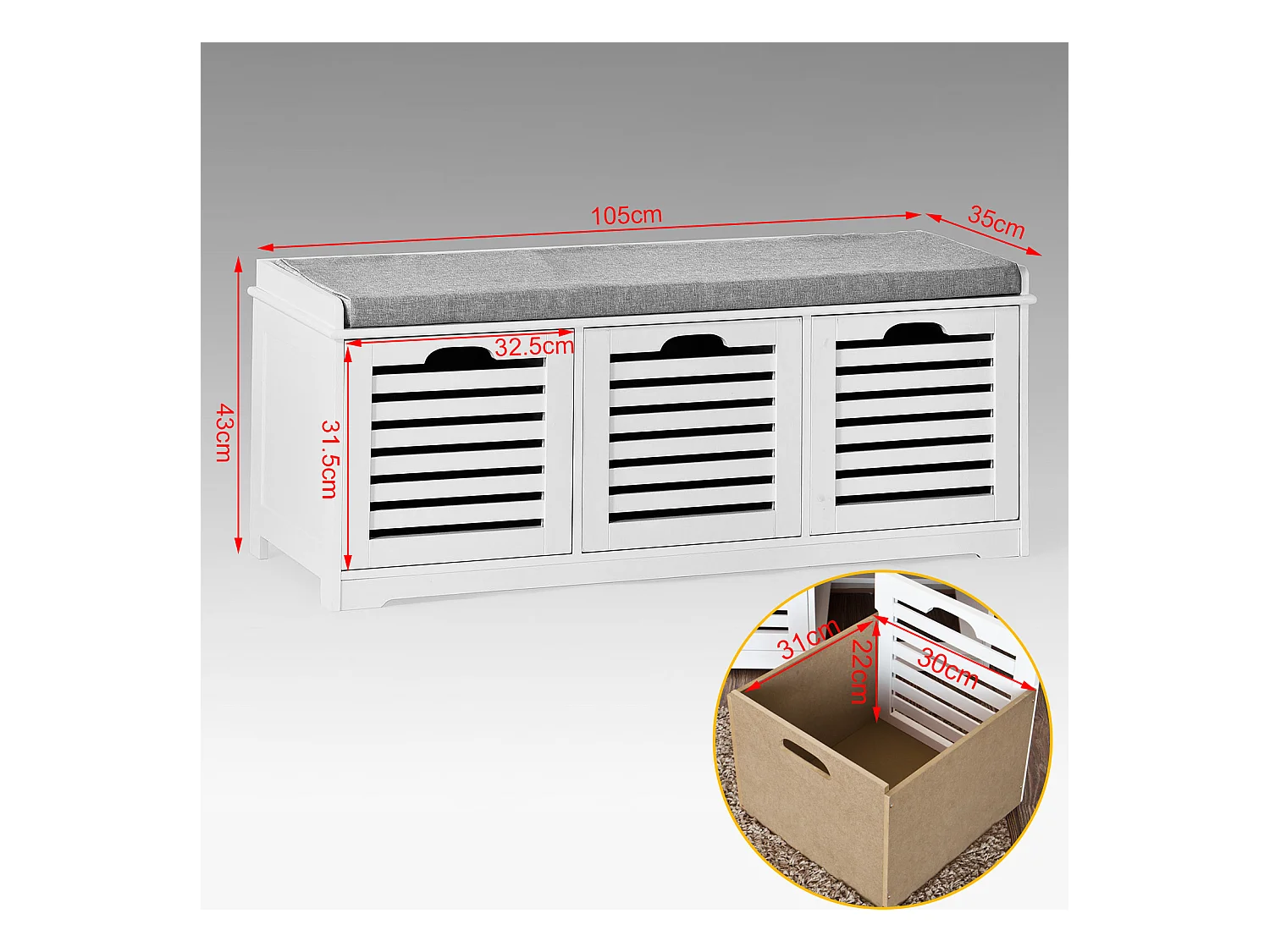 Banco de Almacenamiento con Acolchados Cojines y 3 Cubos, Entrada Zapato Gabinete Dresser Cómodo Banco FSR23-W SoBuy ES