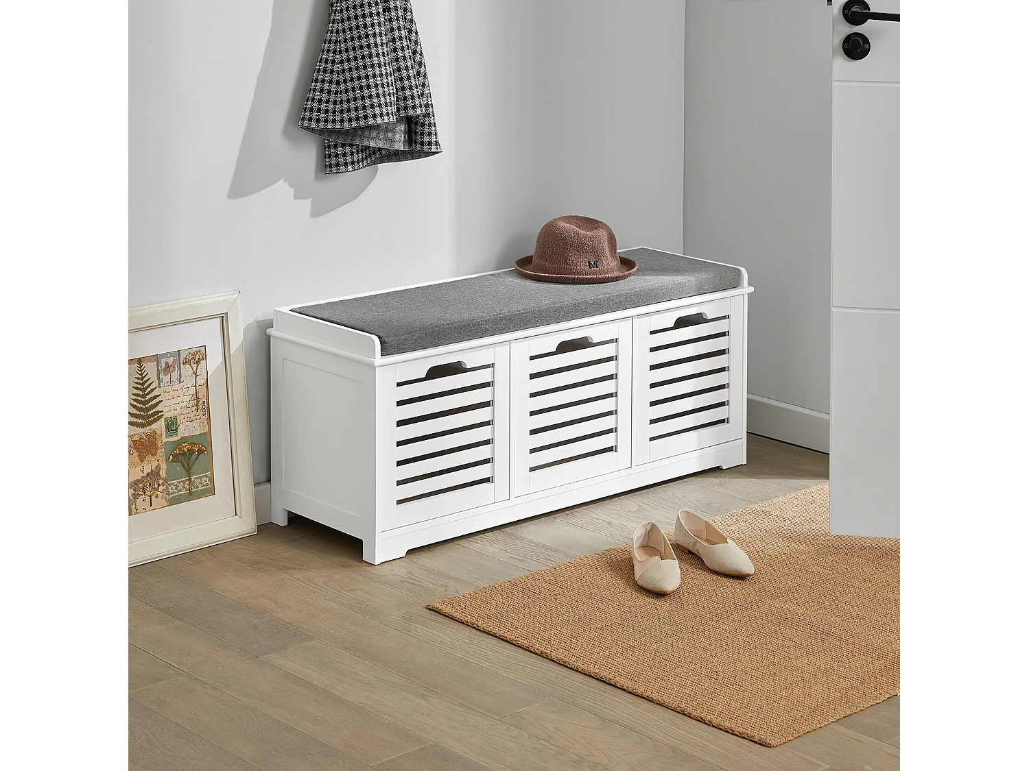 Banco de Almacenamiento con Acolchados Cojines y 3 Cubos, Entrada Zapato Gabinete Dresser Cómodo Banco FSR23-W SoBuy ES