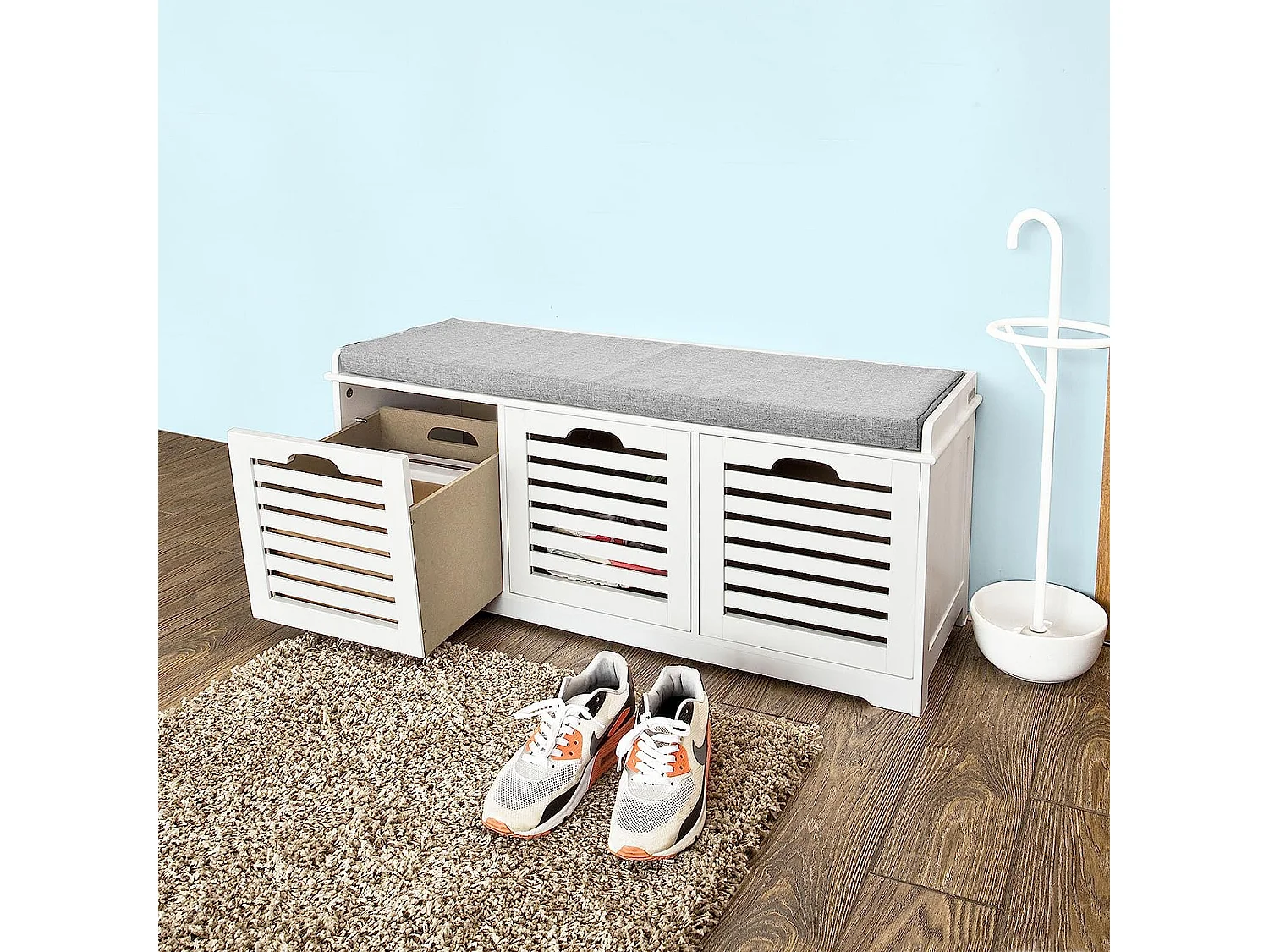 Banco de Almacenamiento con Acolchados Cojines y 3 Cubos, Entrada Zapato Gabinete Dresser Cómodo Banco FSR23-W SoBuy ES