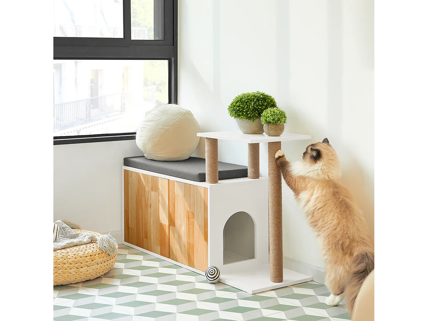 SoBuy FSR135-WN Kattenhuis, Katten Bench, Schoenenbank, Schoenenrek, Schoenenkast, Entree Lage Kast met Kussen