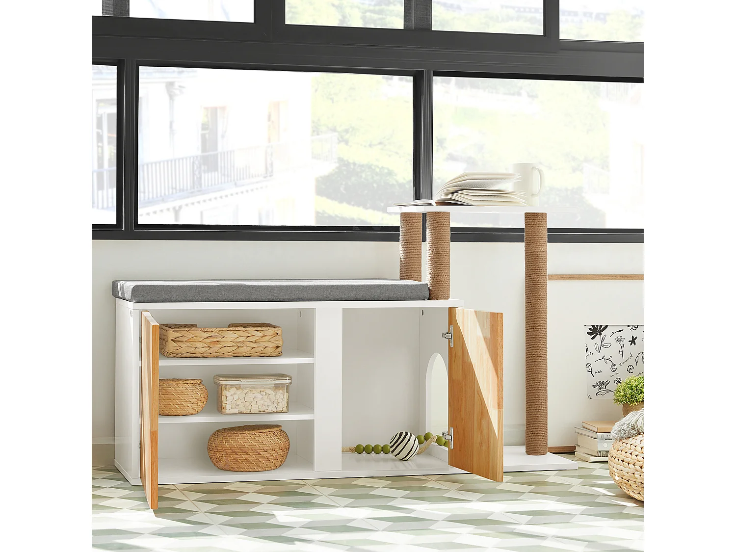 SoBuy FSR135-WN Kattenhuis, Katten Bench, Schoenenbank, Schoenenrek, Schoenenkast, Entree Lage Kast met Kussen