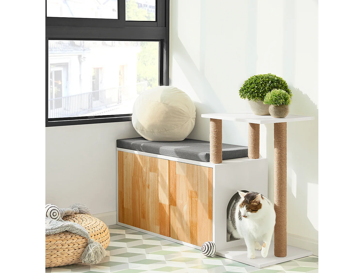 SoBuy FSR135-WN Kattenhuis, Katten Bench, Schoenenbank, Schoenenrek, Schoenenkast, Entree Lage Kast met Kussen