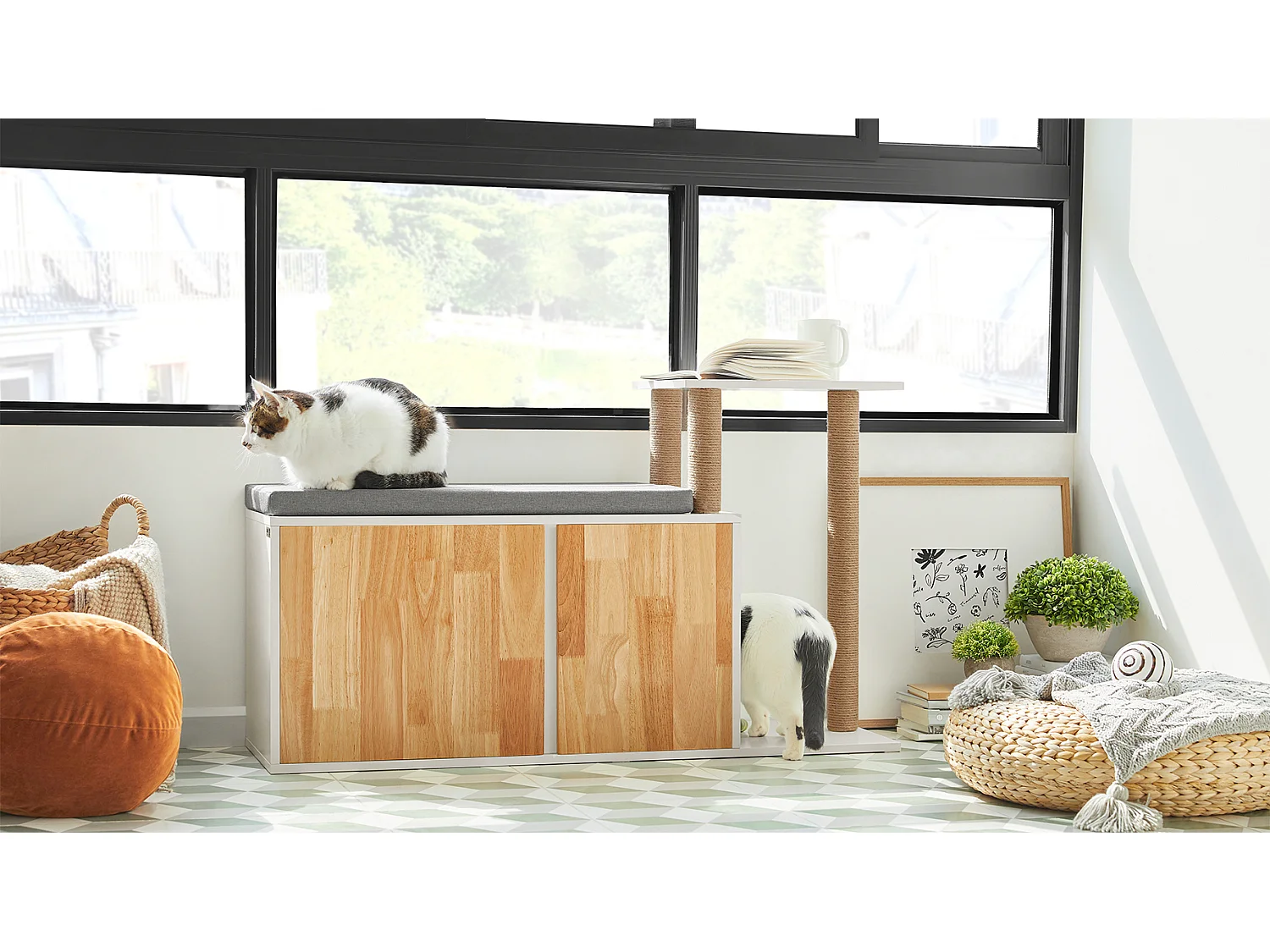 SoBuy FSR135-WN Kattenhuis, Katten Bench, Schoenenbank, Schoenenrek, Schoenenkast, Entree Lage Kast met Kussen