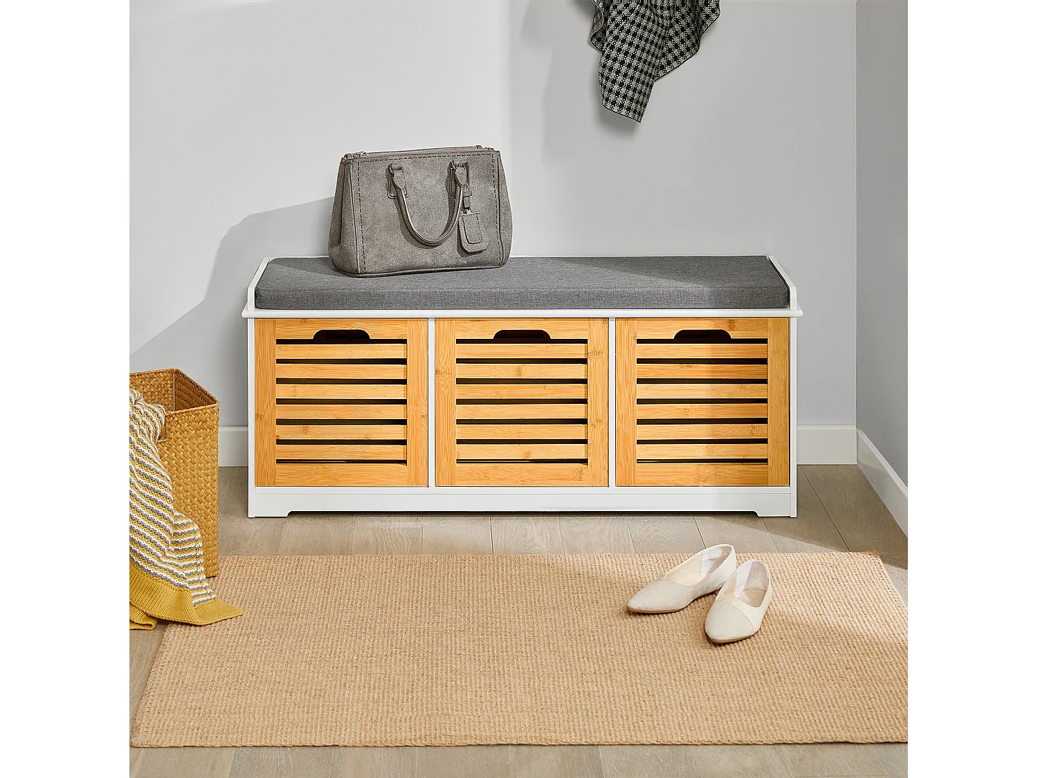 Banco de Almacenamiento con Acolchados Cojines y 3 Cubos, Entrada Zapato Gabinete Dresser Cómodo Banco FSR23-WN SoBuy ES