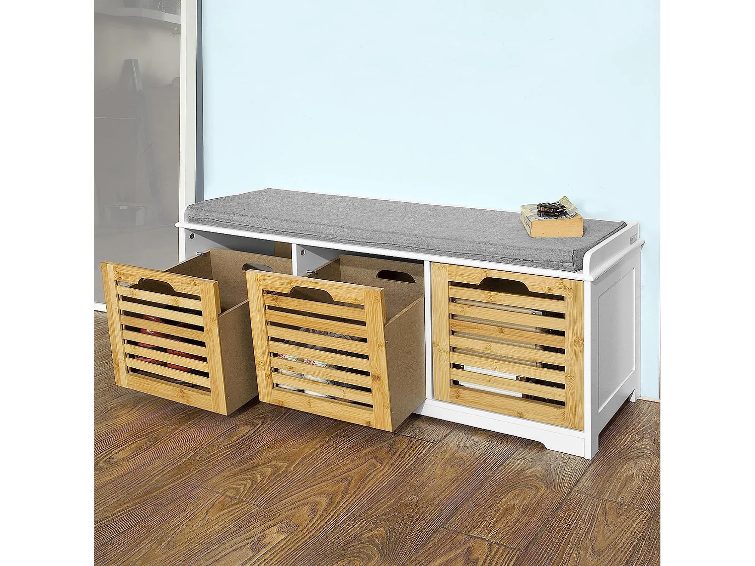 Banco de Almacenamiento con Acolchados Cojines y 3 Cubos, Entrada Zapato Gabinete Dresser Cómodo Banco FSR23-WN SoBuy ES