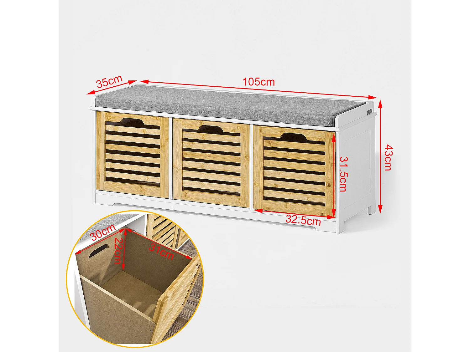Banco de Almacenamiento con Acolchados Cojines y 3 Cubos, Entrada Zapato Gabinete Dresser Cómodo Banco FSR23-WN SoBuy ES