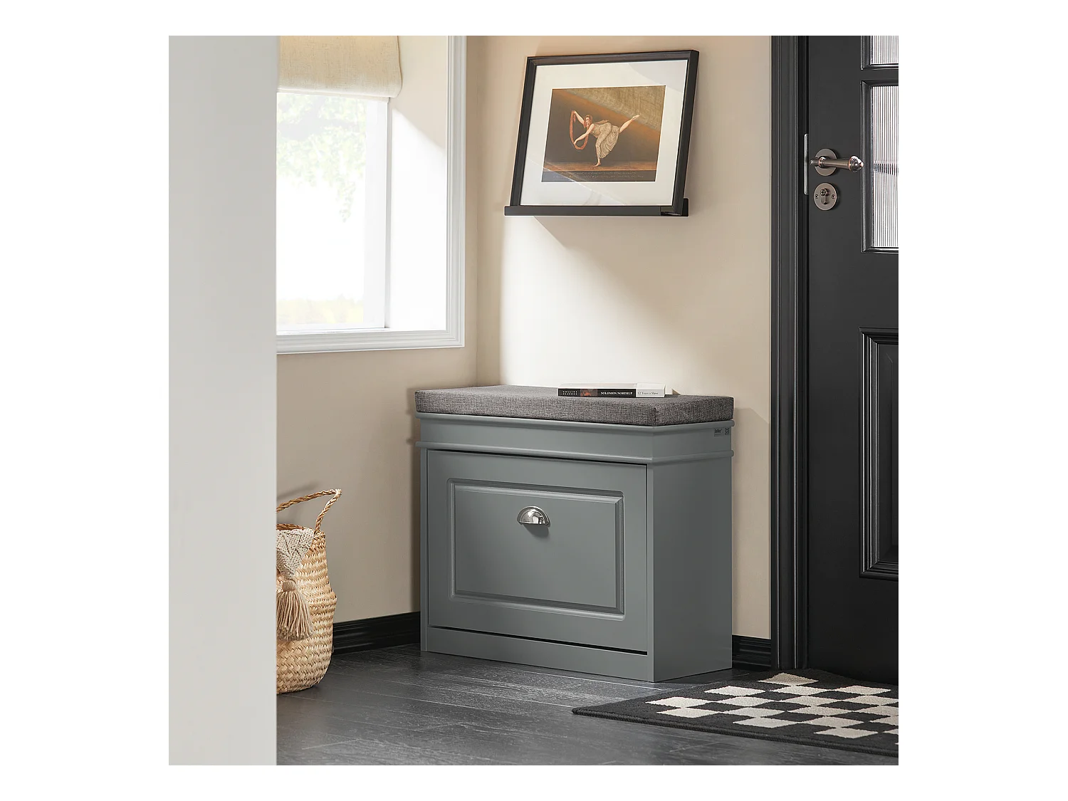 SoBuy FSR82-K-HG Grijze Gangschoenbank, Schoenenrek, Schoenenkast met Flip-lade en Zitkussen