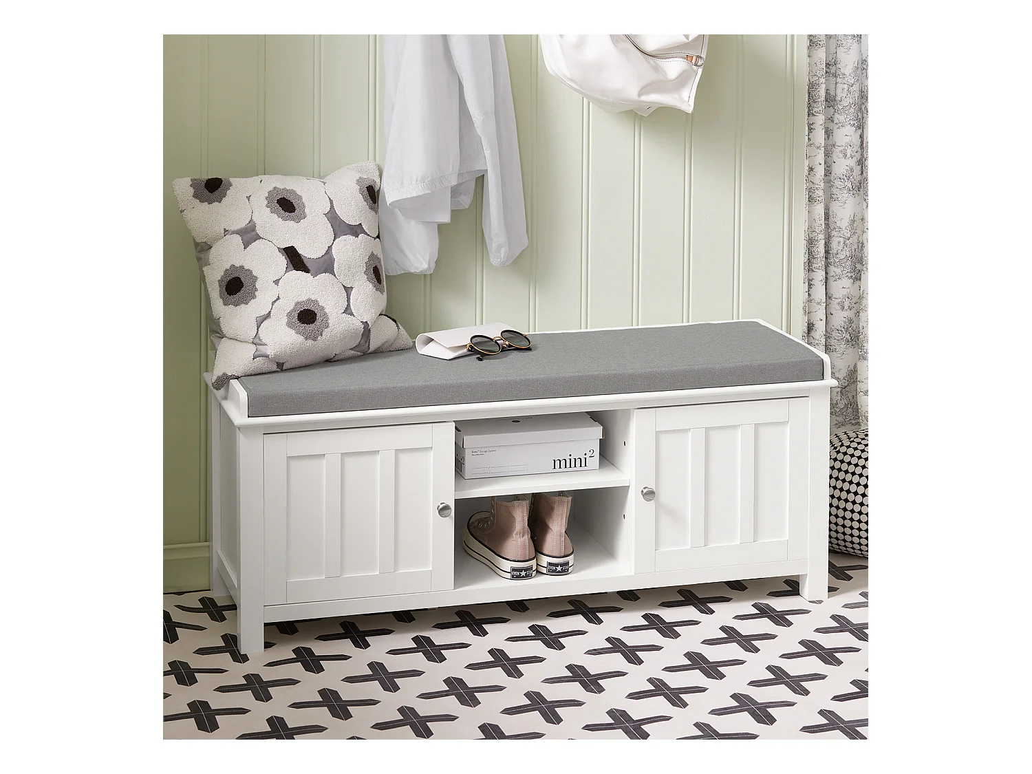 Zapatero con Dos Puertas Cerradas y Dos Estantes, Almacenamiento y Banco con Cojín en Superior，Armarios, FSR35-W SoBuy ES