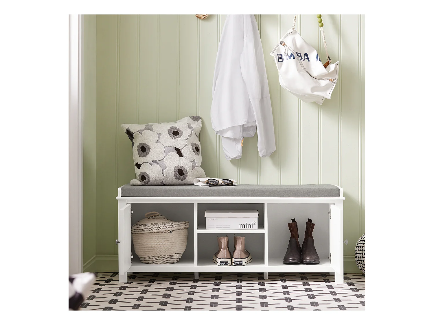 Zapatero con Dos Puertas Cerradas y Dos Estantes, Almacenamiento y Banco con Cojín en Superior，Armarios, FSR35-W SoBuy ES