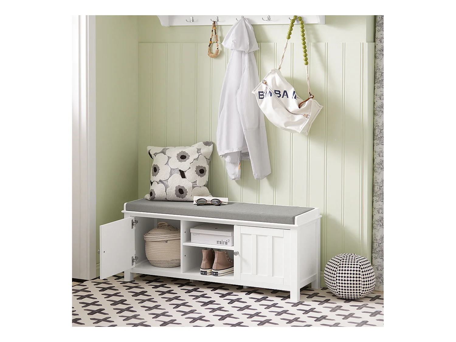 Zapatero con Dos Puertas Cerradas y Dos Estantes, Almacenamiento y Banco con Cojín en Superior，Armarios, FSR35-W SoBuy ES