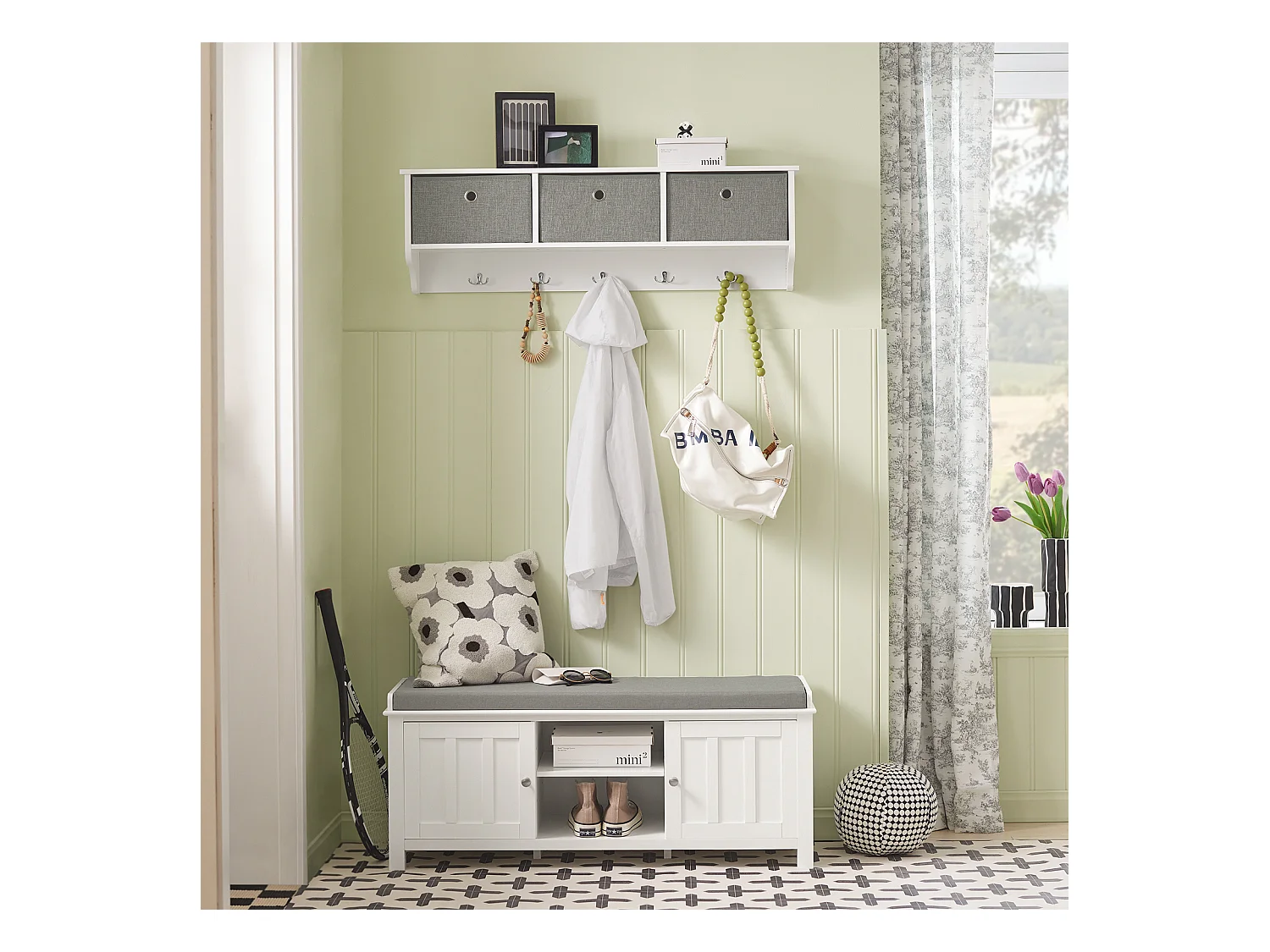 Zapatero con Dos Puertas Cerradas y Dos Estantes, Almacenamiento y Banco con Cojín en Superior，Armarios, FSR35-W SoBuy ES