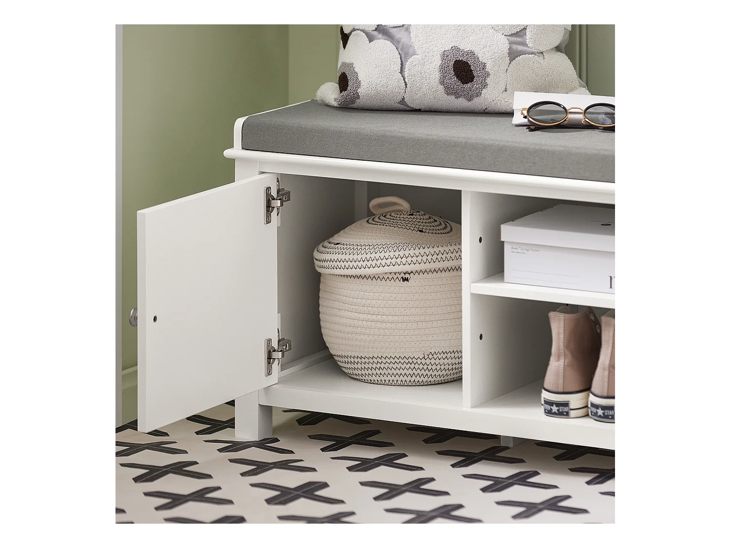 Zapatero con Dos Puertas Cerradas y Dos Estantes, Almacenamiento y Banco con Cojín en Superior，Armarios, FSR35-W SoBuy ES