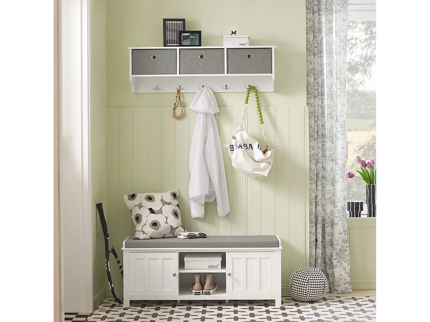 Zapatero con Dos Puertas Cerradas y Dos Estantes, Almacenamiento y Banco con Cojín en Superior，Armarios, FSR35-W SoBuy ES