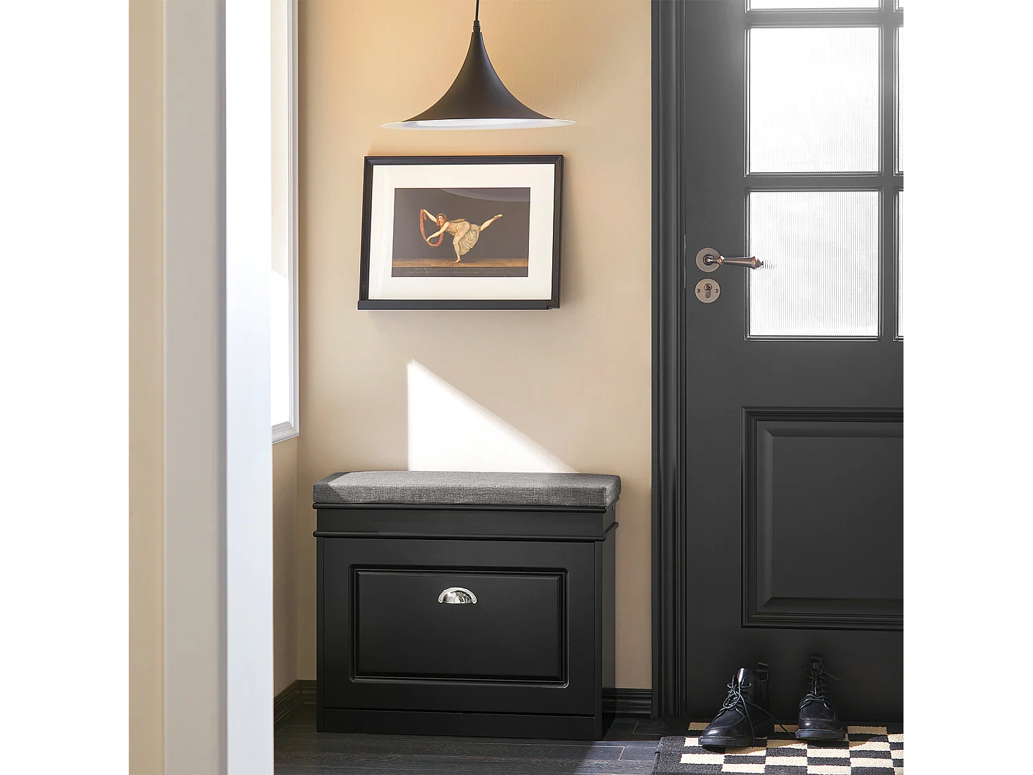 Banc à Chaussures Meuble à Chaussures avec Assise Coussin Rembourré et Abattant, FSR82-K-SCH