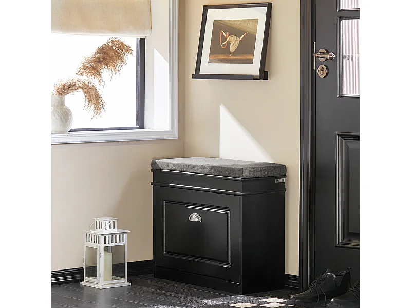 Banc à Chaussures Meuble à Chaussures avec Assise Coussin Rembourré et Abattant, FSR82-K-SCH