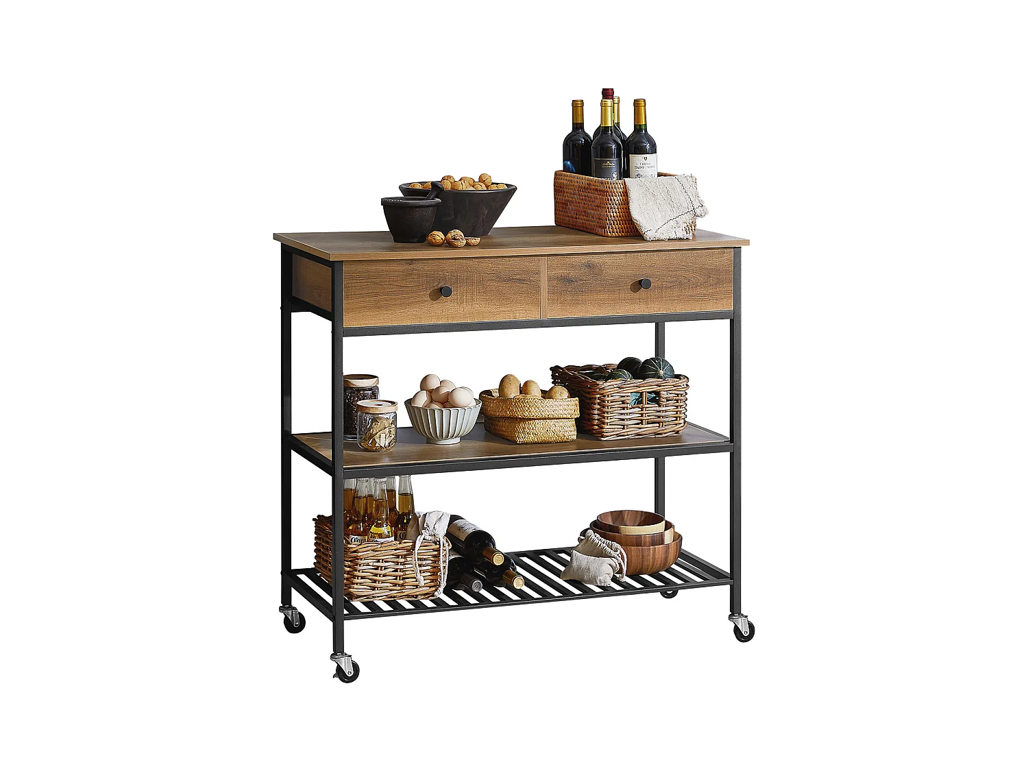 Desserte Roulante Chariot De Cuisine De 2 Étages Chariot De Service Avec 2 Tiroirs, Fkw112-pf