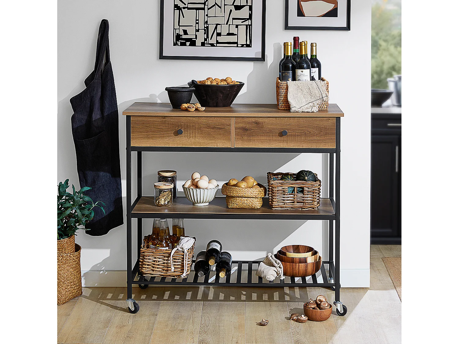 SoBuy FKW112-PF Keukentrolley Op Wieltjes - Multifunctionelle trolley â€“ Serveerwagen - Keukenkast met 2 Lades en 2 Planken - IndustriÃ«le Stijl