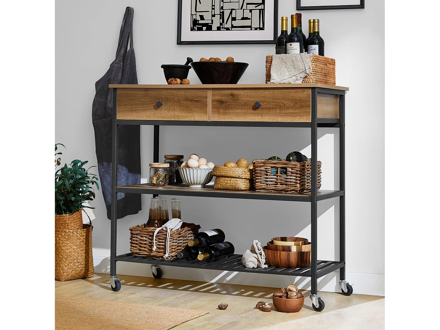 SoBuy FKW112-PF Keukentrolley Op Wieltjes - Multifunctionelle trolley â€“ Serveerwagen - Keukenkast met 2 Lades en 2 Planken - IndustriÃ«le Stijl