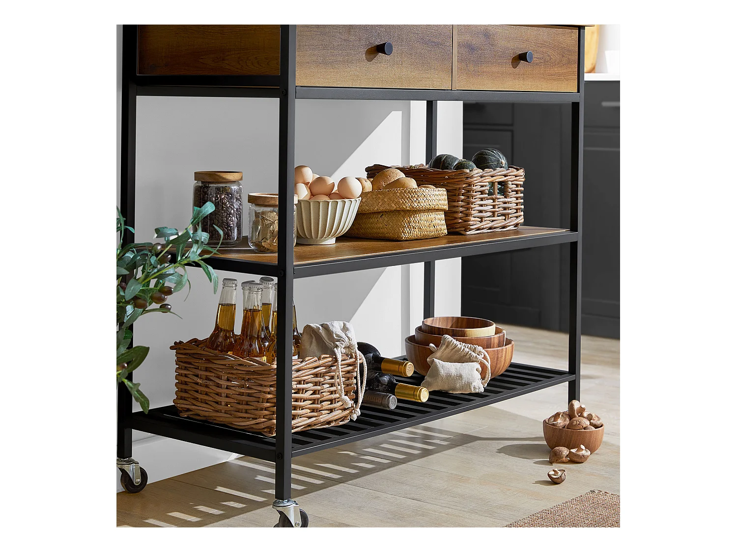 SoBuy FKW112-PF Keukentrolley Op Wieltjes - Multifunctionelle trolley â€“ Serveerwagen - Keukenkast met 2 Lades en 2 Planken - IndustriÃ«le Stijl