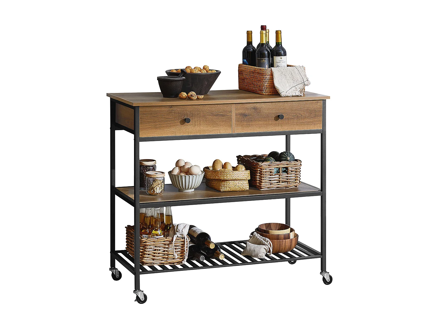 Desserte Roulante Chariot De Cuisine De 2 Étages Chariot De Service Avec 2 Tiroirs, Fkw112-pf