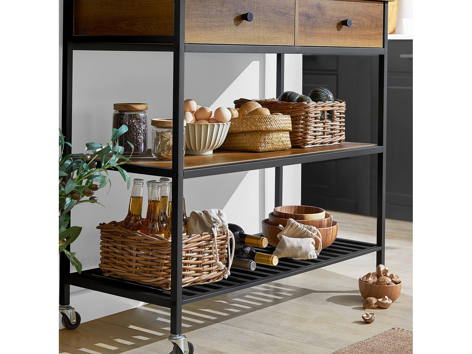 Desserte Roulante Chariot De Cuisine De 2 Étages Chariot De Service Avec 2 Tiroirs, Fkw112-pf