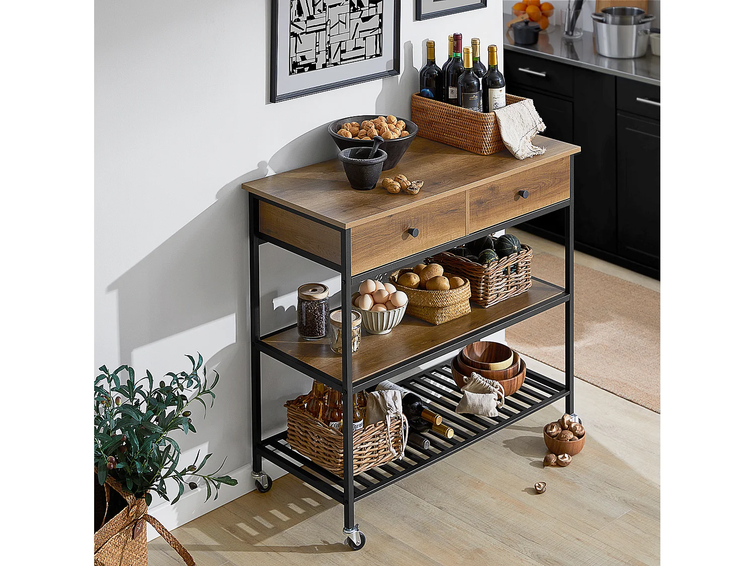 SoBuy FKW112-PF Keukentrolley Op Wieltjes - Multifunctionelle trolley â€“ Serveerwagen - Keukenkast met 2 Lades en 2 Planken - IndustriÃ«le Stijl