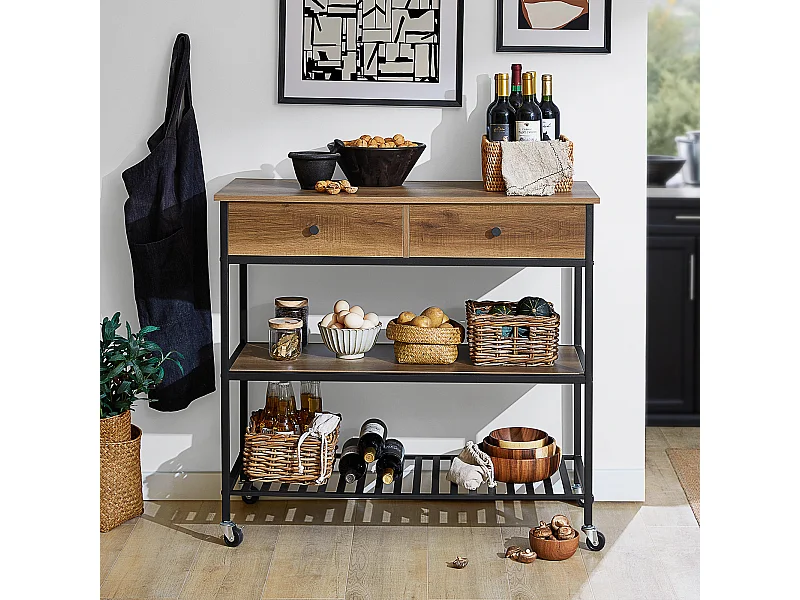 SoBuy FKW112-PF Keukentrolley Op Wieltjes - Multifunctionelle trolley â€“ Serveerwagen - Keukenkast met 2 Lades en 2 Planken - IndustriÃ«le Stijl