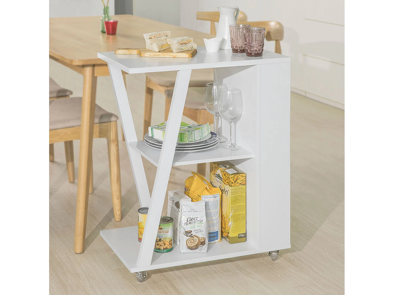 SoBuy FKW77-W Keukentrolley - Wielen - Serveerwagen - Keukenkar modern - Wit 60x77x38cm