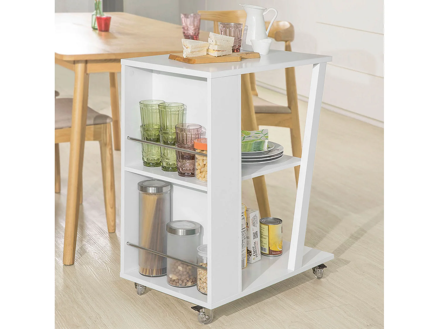 SoBuy FKW77-W Keukentrolley - Wielen - Serveerwagen - Keukenkar modern - Wit 60x77x38cm