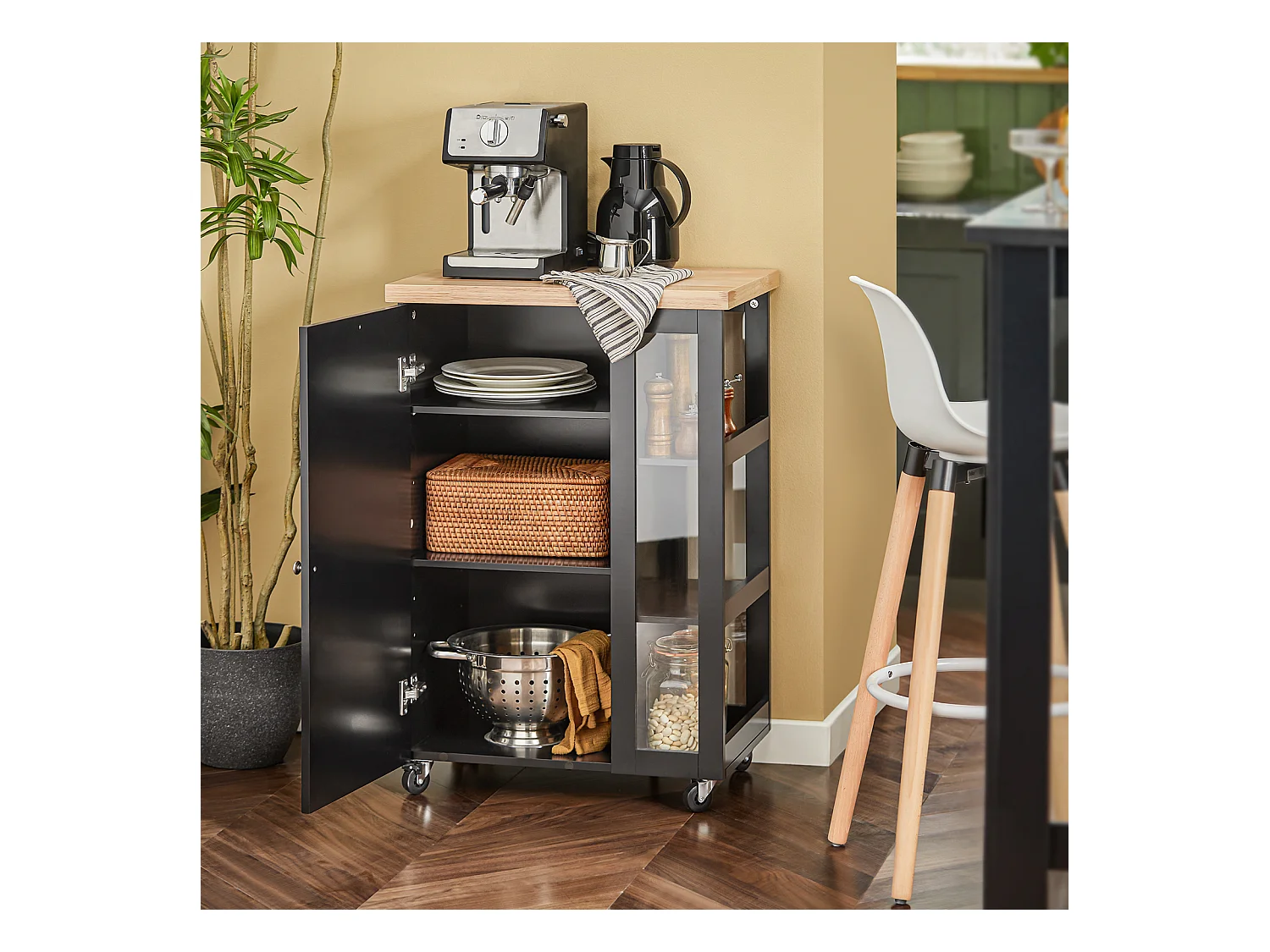 SoBuy FKW75-SCH Keukentrolley Serveerwagen Trolley Kast Servies met 1 deur en 3 planken