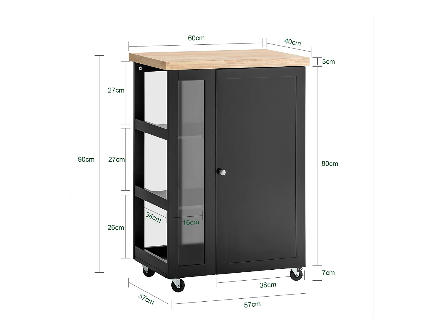 SoBuy FKW75-SCH Keukentrolley Serveerwagen Trolley Kast Servies met 1 deur en 3 planken