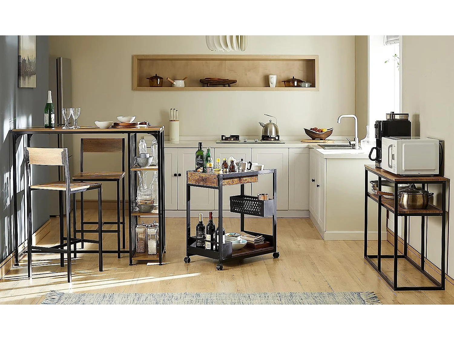 Mesa Alta de Bar Mesa alta de comedor Mesa de bistró con 3 estantes para bar Estructura de Metal, L115 x P50 x H107 cm FWT84-PF SoBuy ES