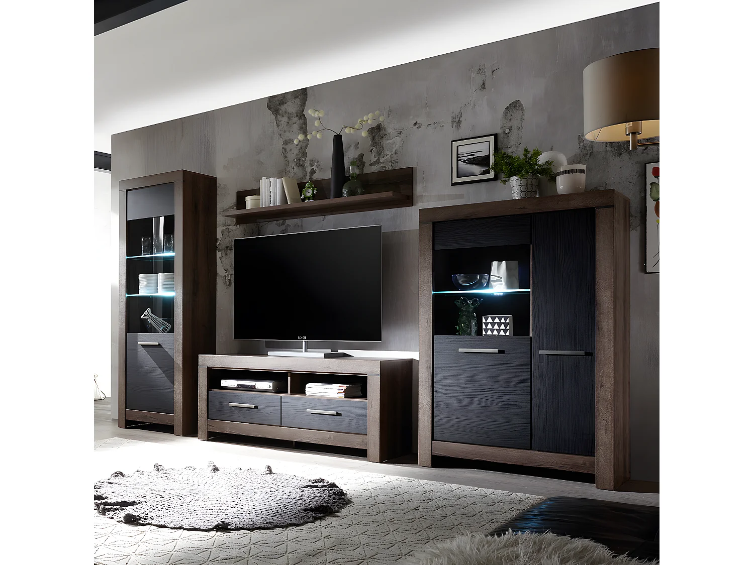 Meuble TV 2 tiroirs 140 cm Adam Bois et Noir