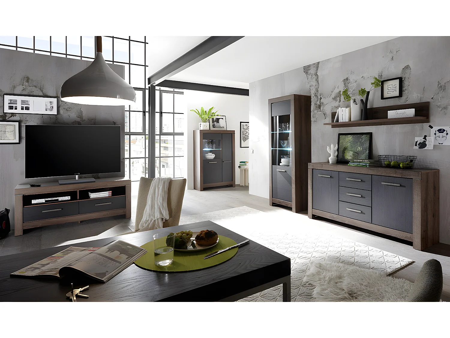 Meuble TV 2 tiroirs 140 cm Adam Bois et Noir