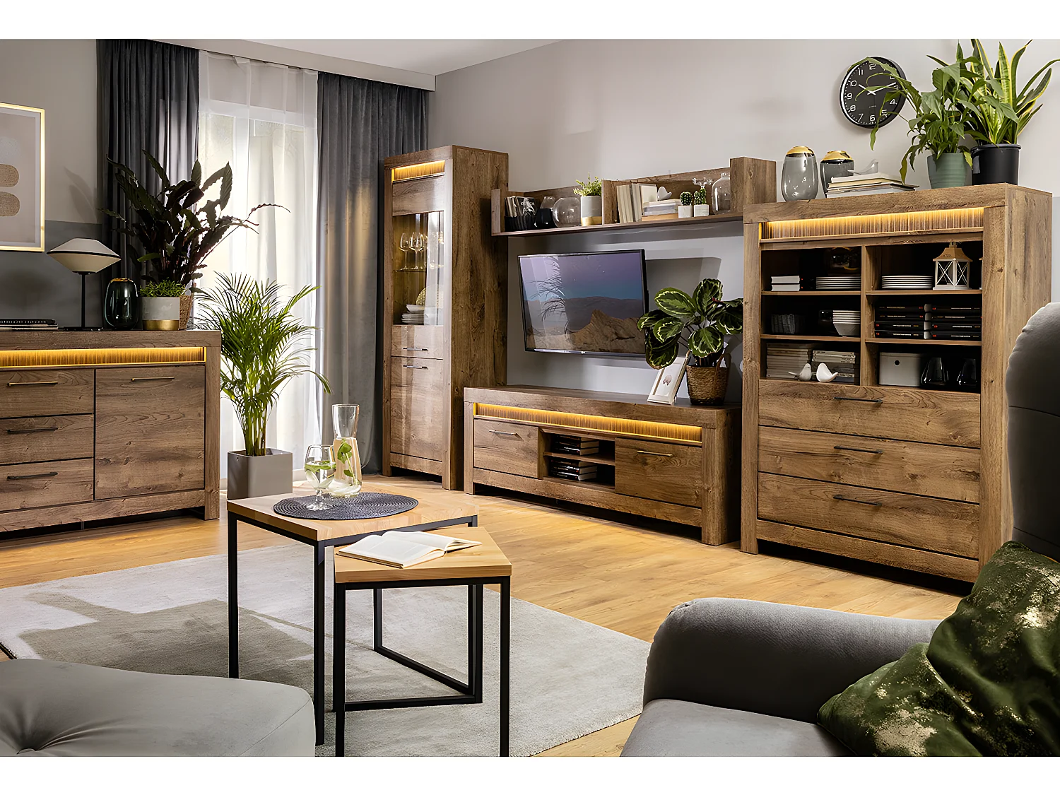 Meuble TV 2 portes 2 niches 180 cm LED inclus Amaury Bois